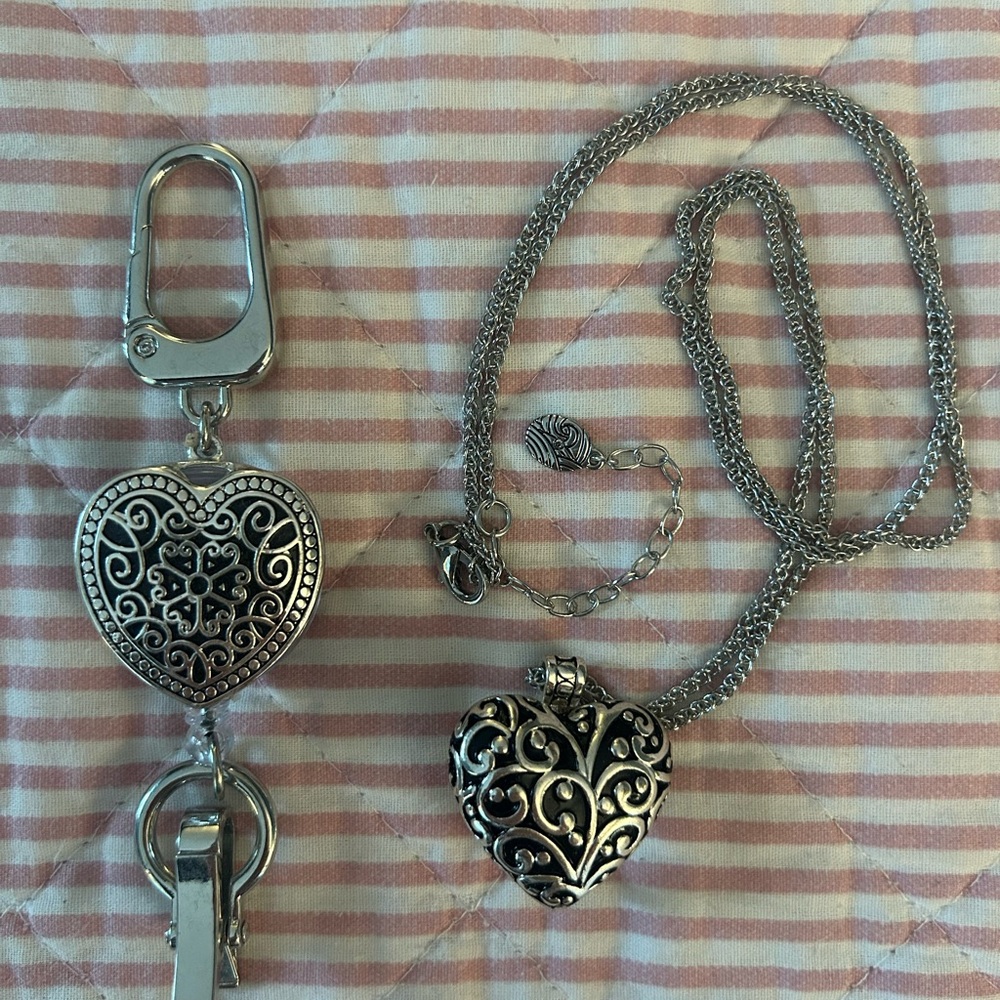 Silver Heart Locket Necklace and Keychain Set